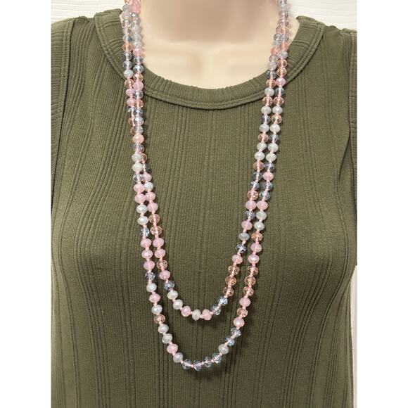 Women's Pink Gray Blue Beaded Classic Spring Pastel Long Necklace BOHO Simple - Picture 1 of 5
